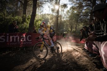 Wout Van Aert can't help but smirk after Van der Poel's prompt: "I was already waiting for the question"